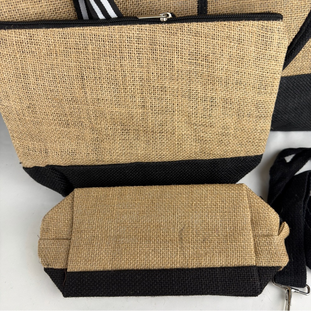 NWOT Jute Tote Bag 3 piece Set with Black Accent Letter J - Picture 4 of 11
